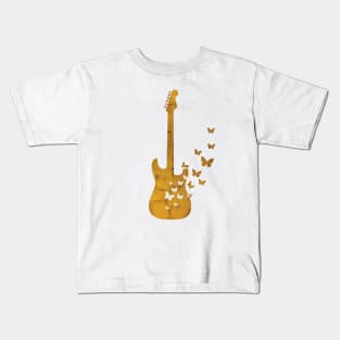 S-Style Electric Guitar Silhouette Turning Into Butterflies Gold Kids T-Shirt